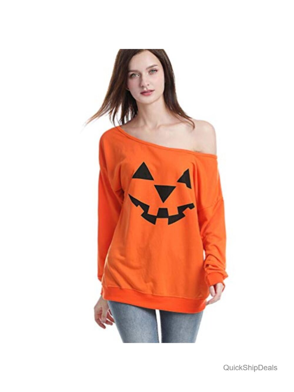 Womens Off Shoulder Pumpkin Pullover Sweatshirt Loose Fit Halloween